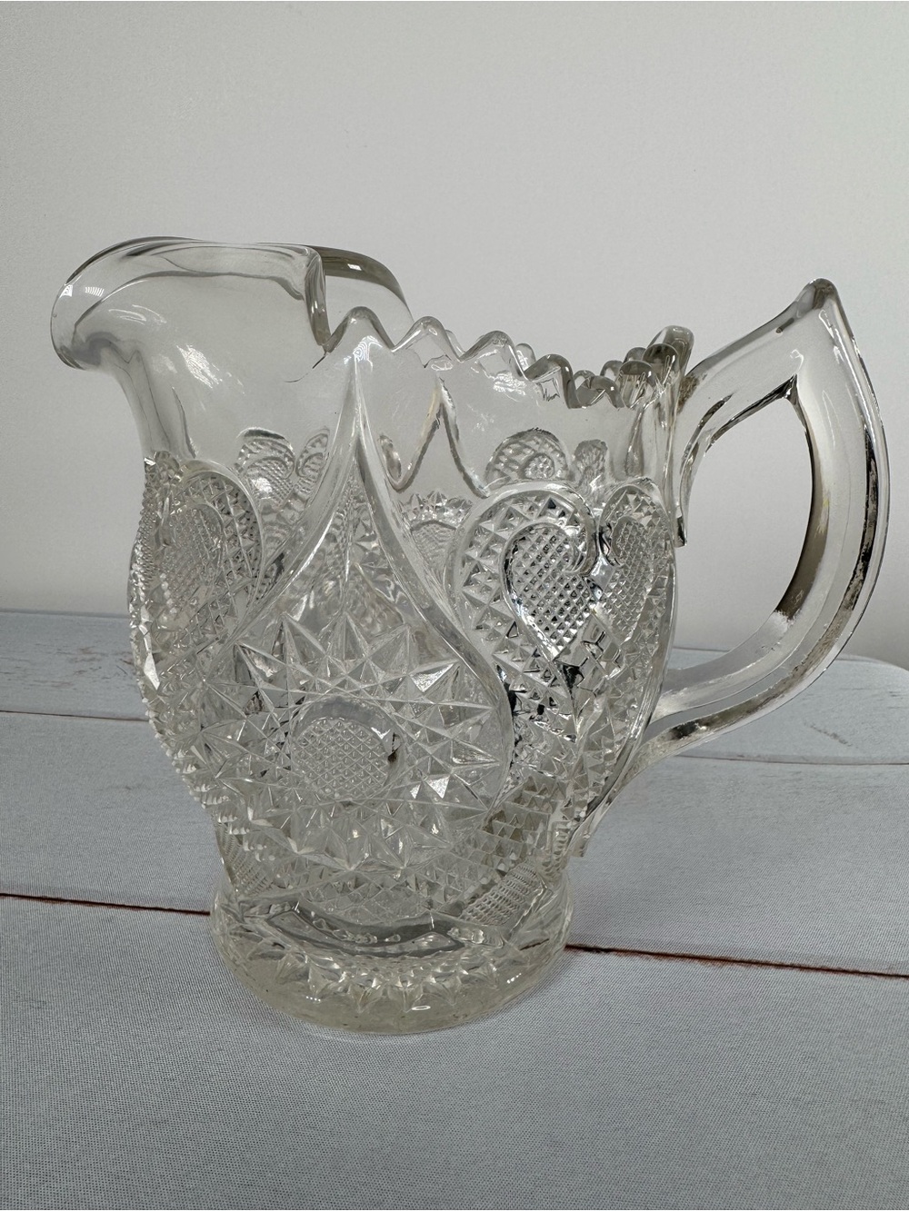 Antique EAPG Horseshoe Medallion Heart Clear Glass Water Pitcher Vintage 1908